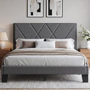 Queen Platform Bed Frame with Upholstered Wood Headboard, Gray Heavy Duty Slats Support, Noise Free, Easy Assembly, No Box Spring , Grey, 81.6"L x 60.3"W x 36.2"H