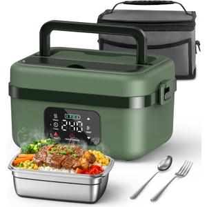ODSD Cordless Electric Lunch Box for Adults, 16000mAh Rechargeable Self-Heating Lunch Box Food Warmer with Timer & Adjustable Heating, 34oz/1L Container with Insulated Bag for Office Car Outdoor (Green/Dark Green)