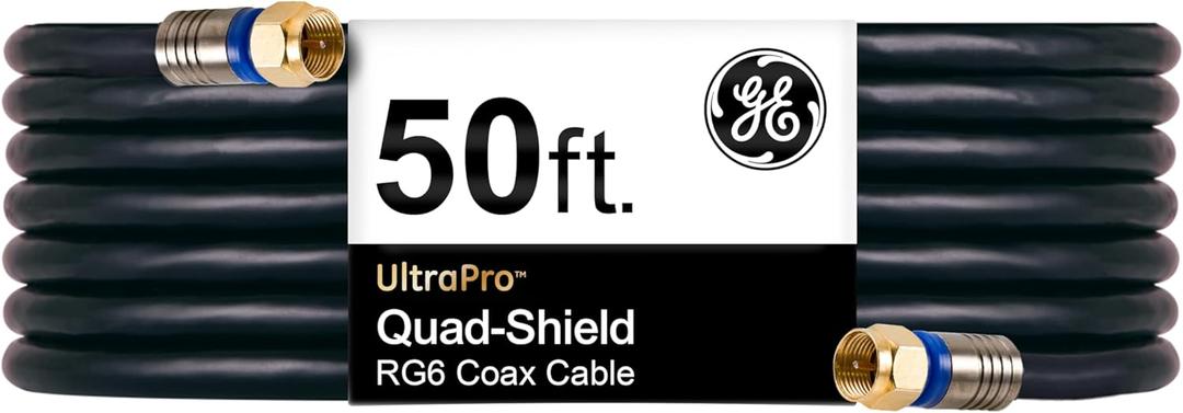GE RG6 Coaxial Cable, 50 ft. F-Type Connectors, Quad Shielded Coax Cable, 3 GHz Digital, in-Wall Rated, Ideal for TV Antenna, DVR, VCR, Satellite, Cable Box, Home Theater, Black, 33532