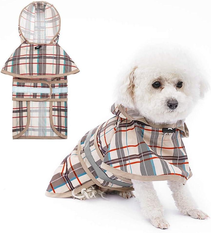 KOOLTAIL Dog Raincoat Hooded Slicker Poncho with Leash Hole, Raincoat for Small Medium Dogs, Waterproof Doggie Rain Jacket with Reflective Strip, Adjustable Breathable Plaid Puppy Rainwear-Beige M (Pack of 1)