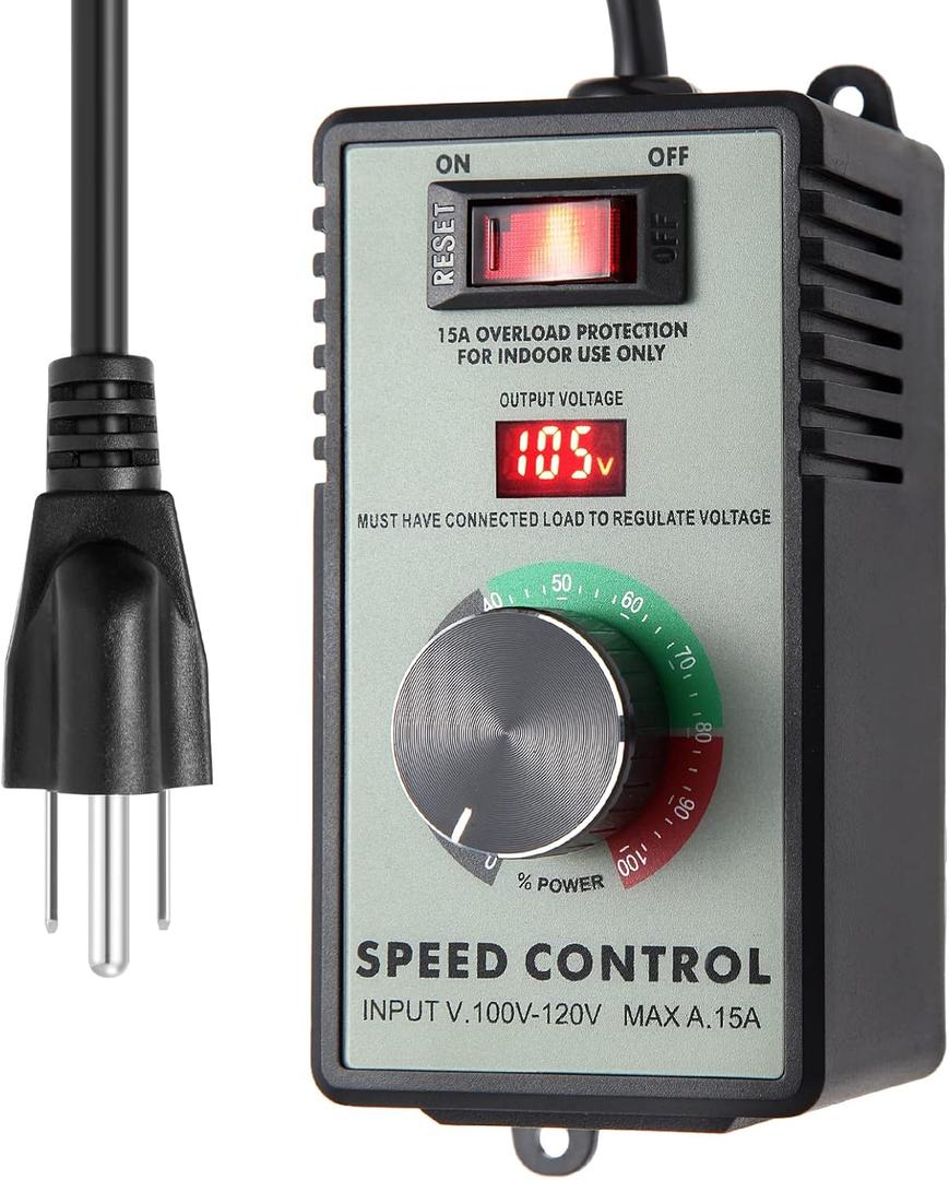 AC Motor Speed Controller 110-120V / 15A Max, Variable Fan Speed Controller AC Electronic Voltage Regulator with Overload Protection Switch & Voltage LED Display Screen Plastic