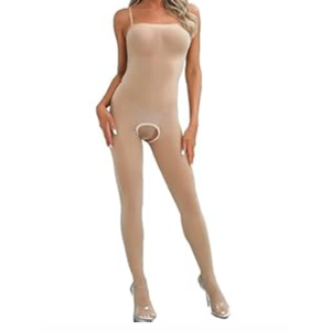 Women's Bodysuits Pantyhose Bodystocking Ultra Shimmery Stretch Toe to Bust Crotchless Body Stocking Lingerie (Beige)