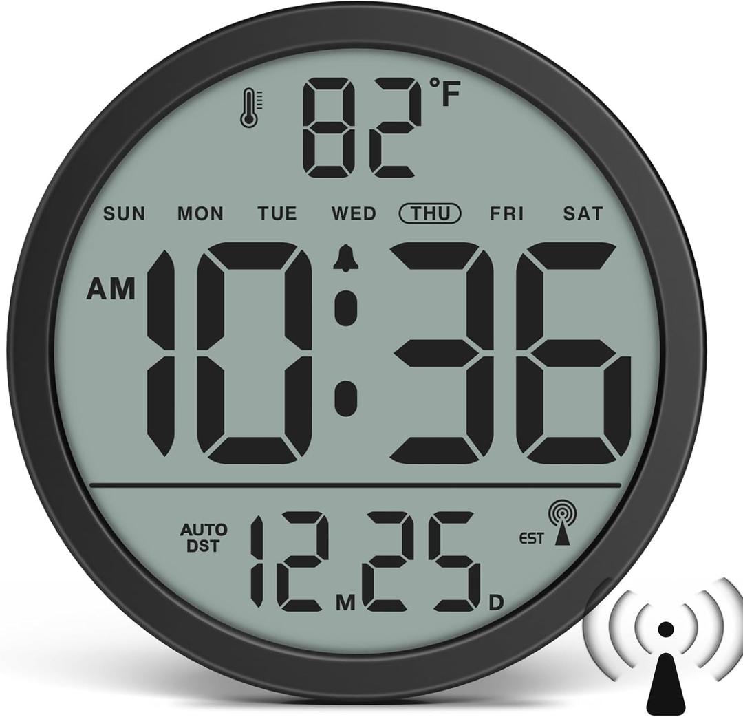 WallarGe Atomic Wall Clock - Never Needs Setting, Digital Wall Clock Battery Operated with Date, Temp, DST, Self-Setting Time, Easy to Read 8 Inch Display for Bedroom, Living Room, Home, Office