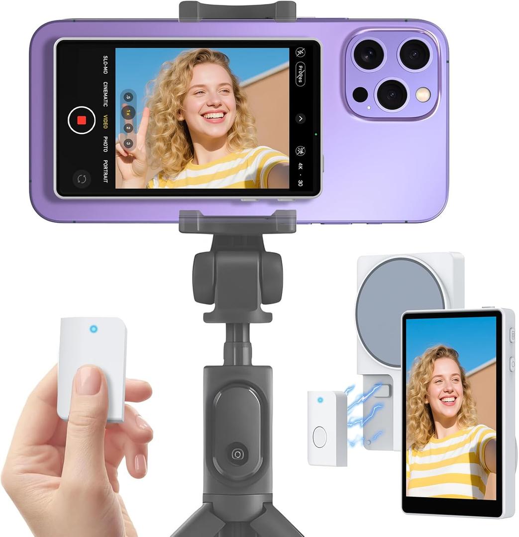 Vlog Selfie Monitor Screen for iPhone with Magnetic Remote, 1080P 4K 30fps Video Recording, Phone Back Camera, Creator Essentials, Live Stream, Not Compatible with iPhone17 Series and Google Pixel (White)