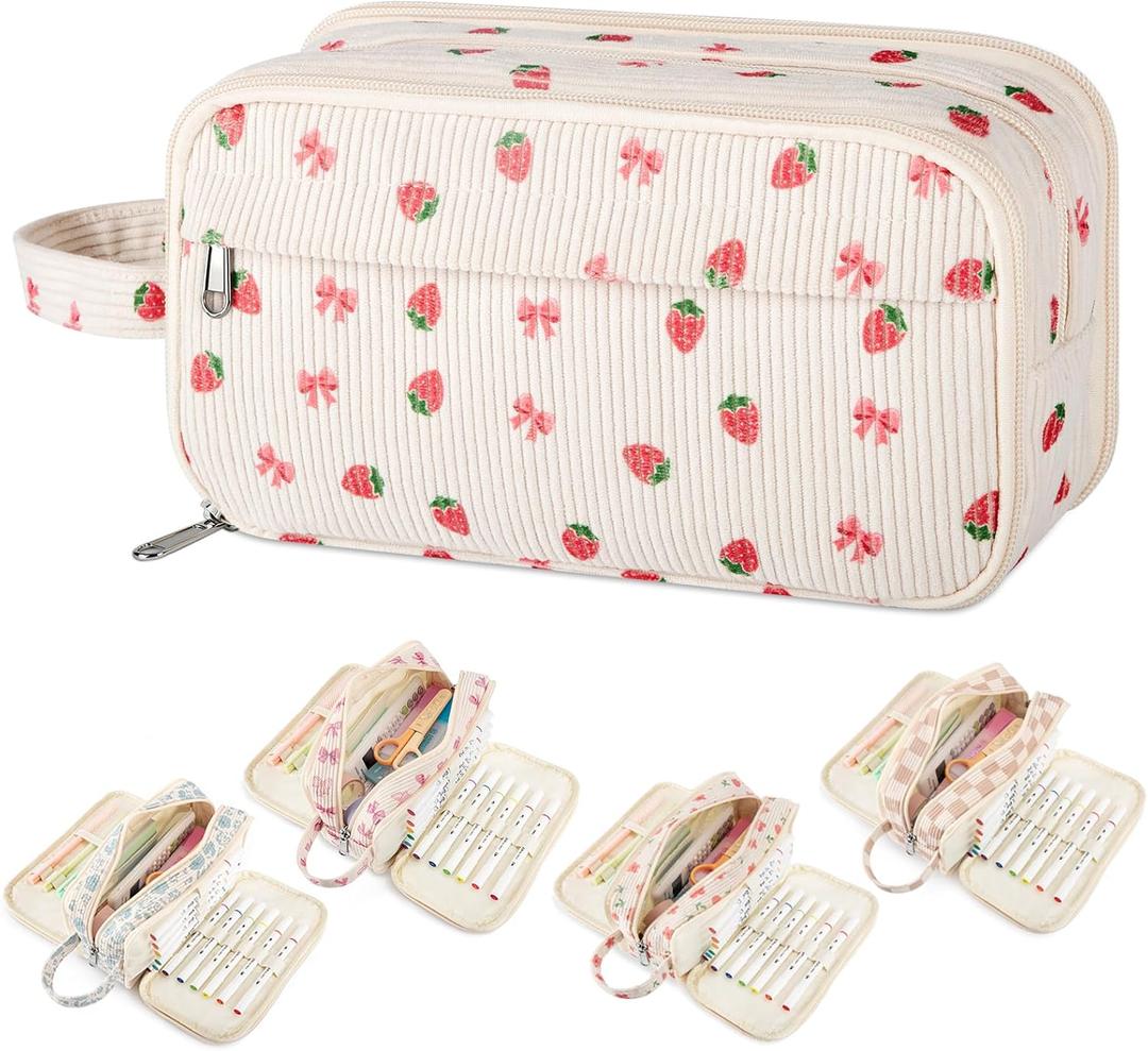 Cute Pencil Case Pouch Bag Strawberry Bow For Girls Boys kids Gift | Large 4 Compartments Multiple Pockets Big Corduroy Markers Crayons Storage Organizer,Pen Case Pouch for School College