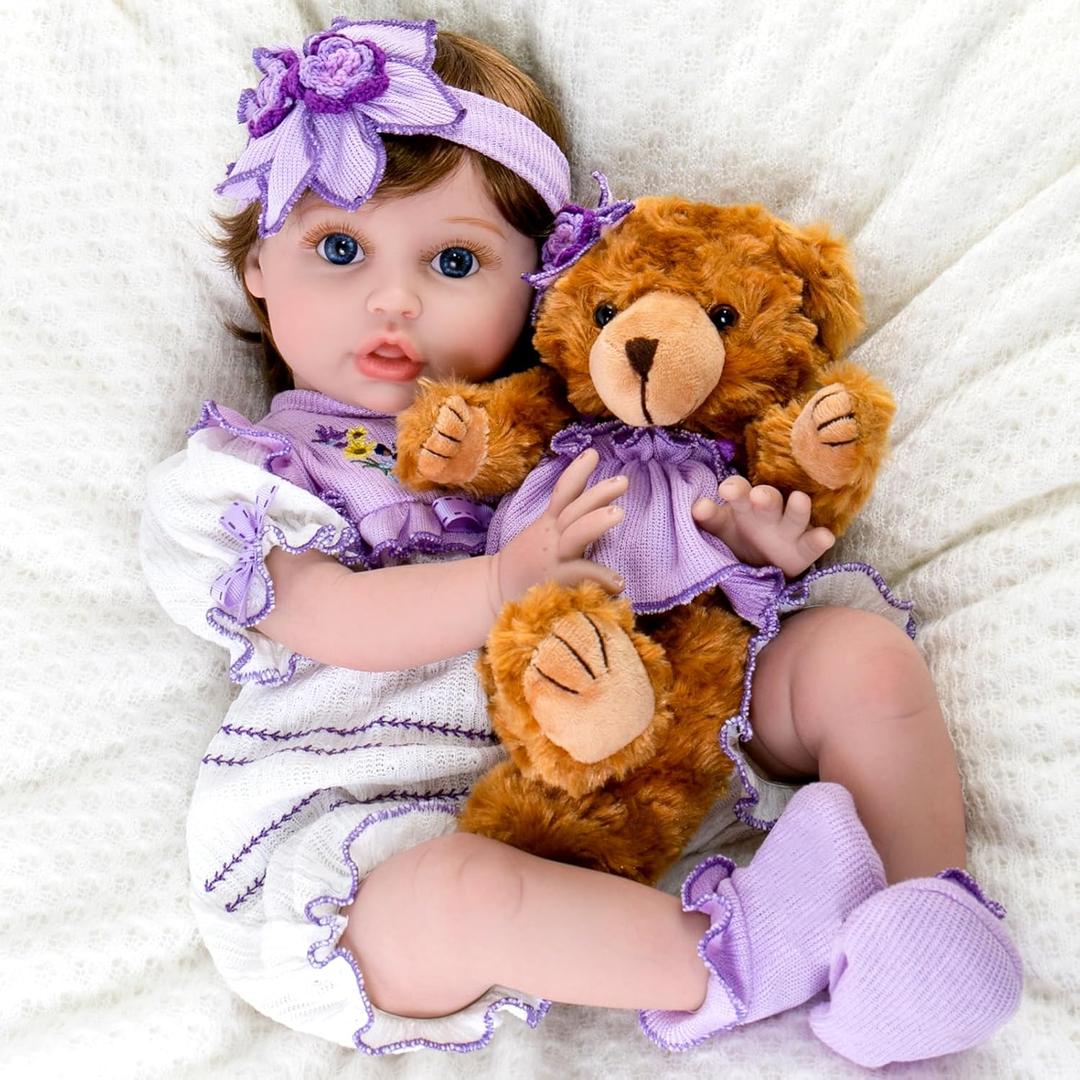 Aori Reborn Baby Dolls - 22 Inch Realistic Lifelike Baby Girl - Handmade Vinyl Reborn Doll with Feeding Set & Purple Outfit Newborn Baby Doll for Kids 3+, Collectors, Role Play