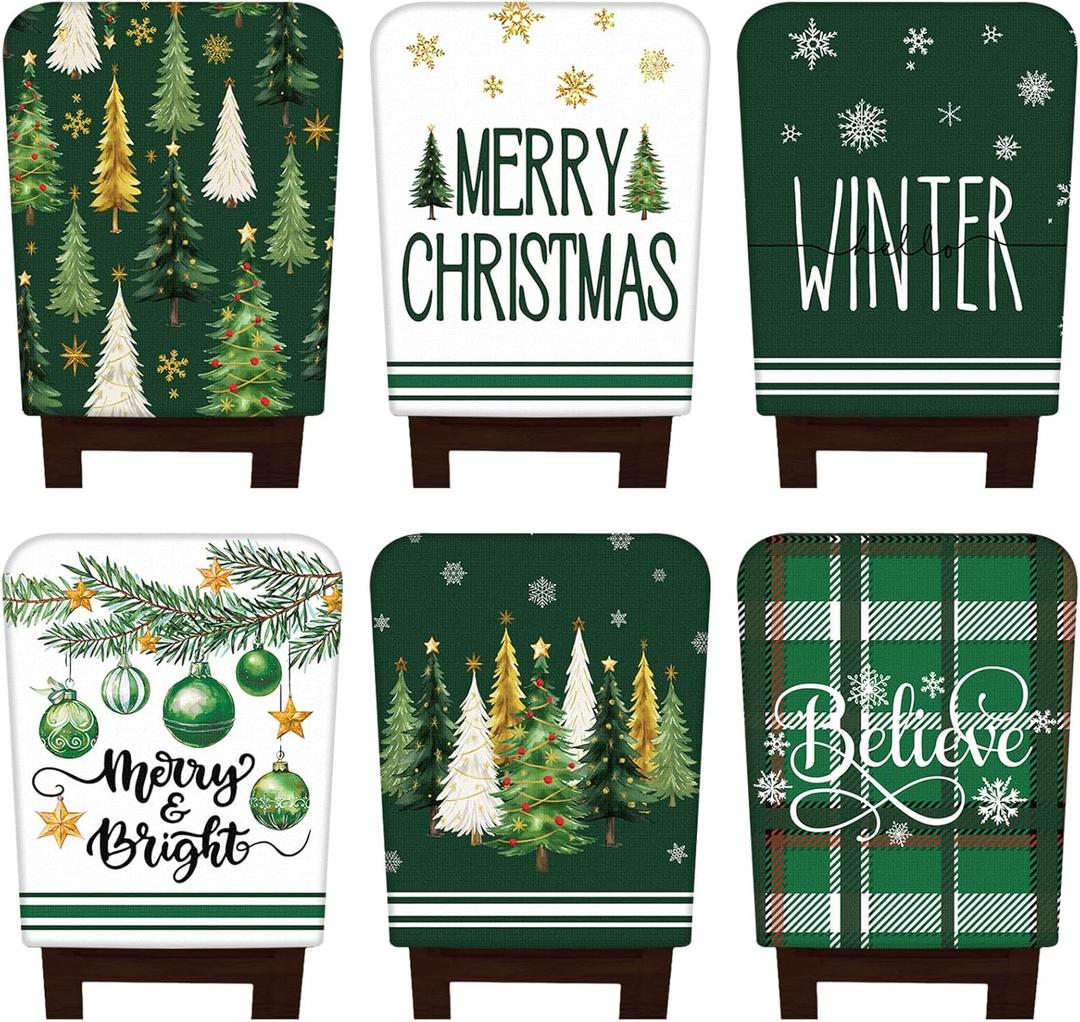 FuWeave 6 Pcs Christmas Chair Covers Christmas Chair Back Covers Xmas Chair Protector Slipcovers Washable Winter Dining Room Seat Covers for Home Hotel Kitchen Decorations (Green Xmas Tree)