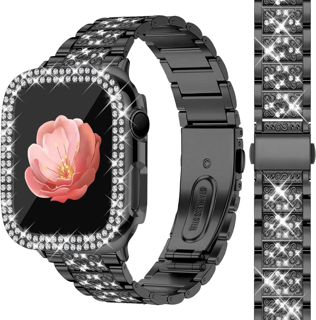 Newlibery Bling Watch Bands with Bling Case for Women Compatible with Apple Watch Band 40mm Elegant Dressy Jewelry Replacement Metal Link Wristband Protector Cover for iWatch Series 6/5/4/SE Black