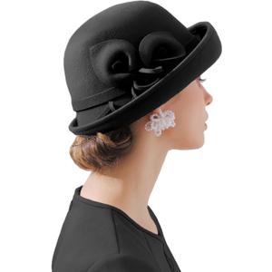 ORIDOOR Women Vintage Wool Felt Flowers Bucket Cloche Bowler Hat Church Wedding Dress Fascinator Hat Winter Felt Fedoras (One Size, 012-black)