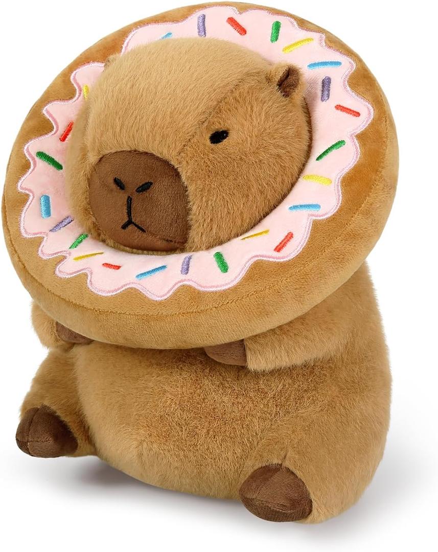 Ditucu Cute Capybara Plush Pillow with Wearable Donut Headgear Stuffed Animal Food Capibara Plushies Toys Gifts for Kids Brown 11 inch