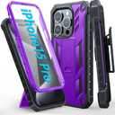 FNTCASE for iPhone 15 Pro Case: with Belt-Clip Holster & Built-in Screen Protector & Kickstand, Full-Body Dual Layer Heavy Duty Rugged Military Shockproof Protective Cell Phone Cover 6.1 inch-Purple