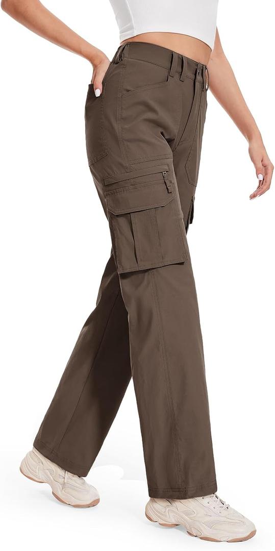 Moosehill Womens Hiking Pants Lightweight: Quick Dry Water Resistant High Waisted Cargo Pants 7 Pockets for Travel Casual (6, Brown)
