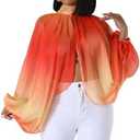 Women’s Sexy See Through Chiffon Sheer Lantern Sleeve Front Back Open Self Tie High Neck Batwing Long Sleeve Shawl Casual Shirts Blouses Tops Gradient Orange XXL