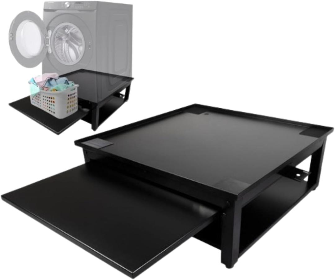 Washer and Dryer Pedestal with Pullout-Shelf - 28" W, 10" H, Black Steel Universal Fit with Major Brands | Laundry Pedestal with Drain Pan & Hose | Washer Stand for Back Pain Relief, 800 lbs Capacity