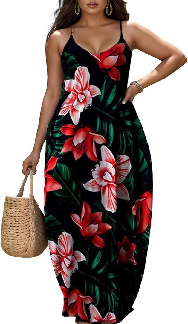 Nhicdns Women's Summer Plus Size Hawaiian Dresses Tie Dye Spaghetti Strap Maxi Dress Beach Boho Casual Sundress (3X-Large, Red)