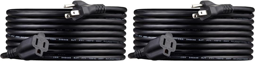 Amazon Basics Extension Cord, 13 Amps, 125V, 15 Foot, Black - Pack of 2