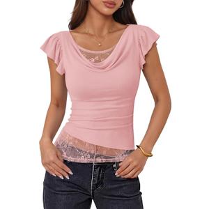 ZESICA Women's Summer Going Out Tops Ruffle Short Sleeve Cowl Neck Shirts | Casual Lace Trim Ruched Slim Fit Tee Shirt, Boho Daily Date Night Vacation Y2K Blouses, Fashion Trendy Outfits Clothes (Pink, L)