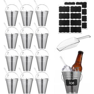 Harloon Galvanized Metal Bucket Set 12 Mini Metal Beer Pail with Handle 12 Clear Plastic Ice Scoops 16 Blackboard Stickers Silver Tin Bucket for Party Wedding Pool Candy Popcorn Snacks Storage