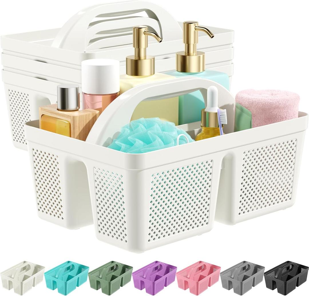 4 Pack Portable Shower Caddy, Integrated Handle, Reinforced Plastic, Organizer Storage Bathroom Supplies and Beauty Products, Cleaning Supplies, Shower Basket for Home, Dorm, Shelf and Cabinet (White)