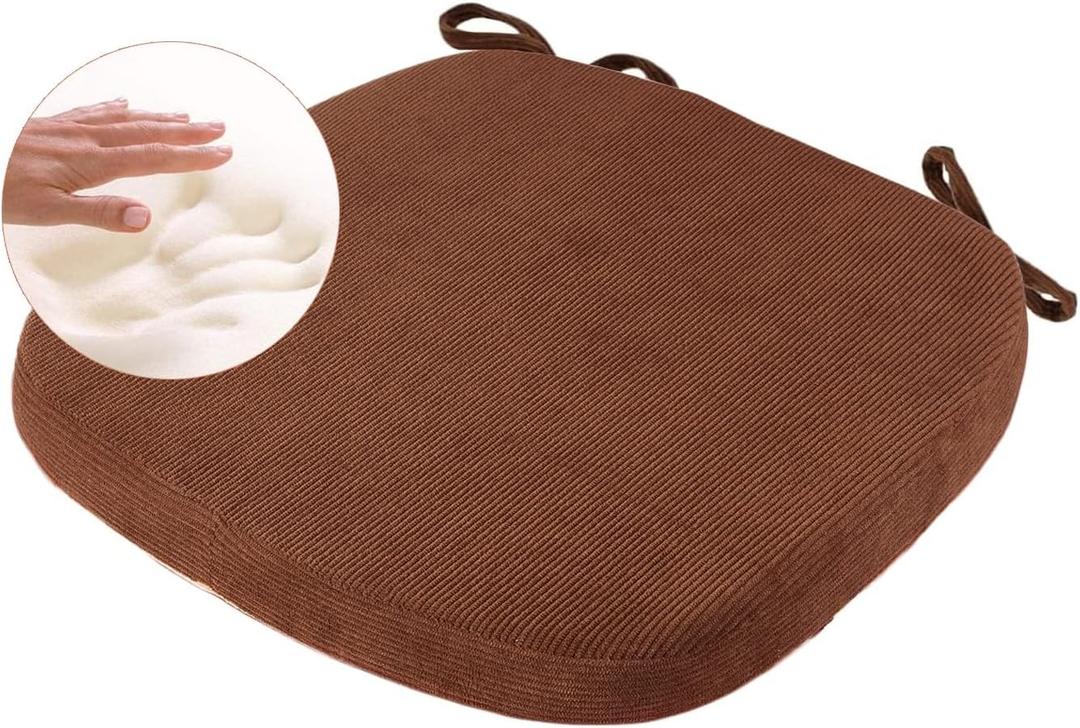 Big Hippo Chair Pads Memory Foam Chair Cushion with Ties for Dining Chair Non Slip Kitchen Pads and Dining Room Seat Cushion with Machine Washable Cover - 17"x16" (Brown)