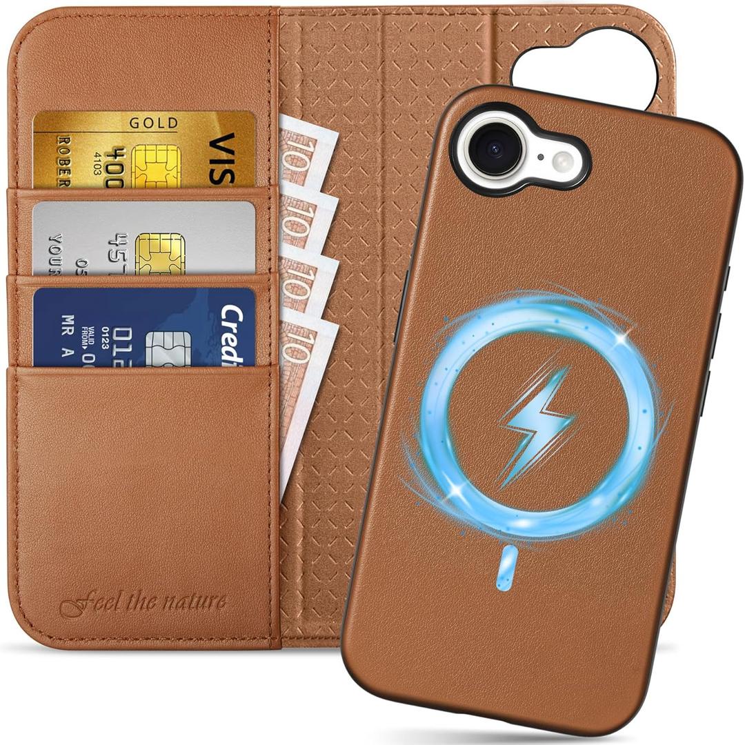 SHIELDON Wallet Case for iPhone 17e & 16e 6.1", Genuine Leather Wireless Charging Detachable Magnetic RFID Blocking Credit Card Holder Kickstand Cover Compatible with iPhone 16e - Saddle Brown