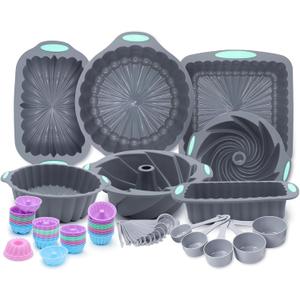 Tongjude 72 Pieces Silicone Bakeware Set, Nonstick Baking Pans Set, Easy Release Oven Silicone Pan for Kitchen with Cake Pans, Loaf Pans, Baking Cups, Measuring Cups and Spoons Set, Grey
