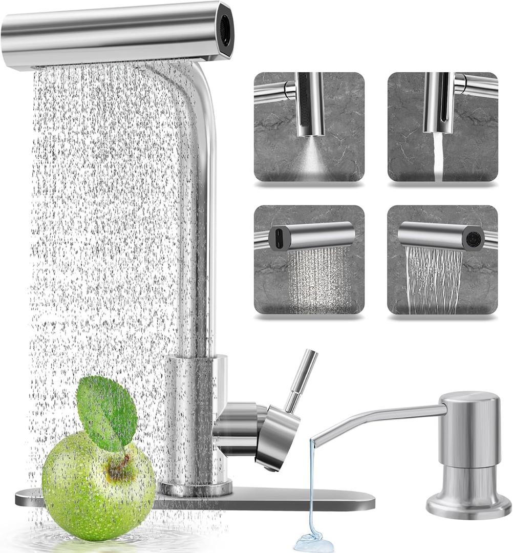 Kitchen Faucets with 4 Modes Pull Down Sprayer, Brushed Nickel Kitchen Sink Faucet with Soap Dispenser, Stainless Steel Modern Waterfall Faucet for Kitchen Sink, Bar, Laundry, Rv