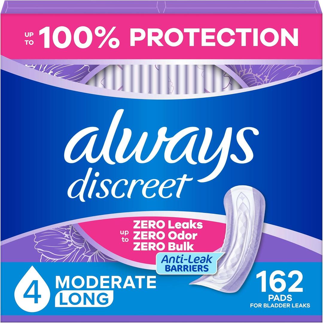 Always Discreet Adult Incontinence Pads for Women, Drier, 4 Drop Long Length, Moderate Absorbency, Pads for Bladder Control Management, Bladder Leaks, & Postpartum Pads, 162ct
