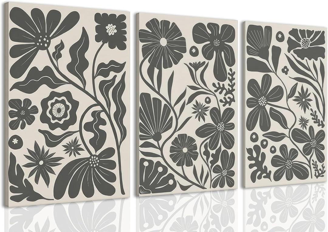 ZQARTZZQ Abstract Boho Black Flowers Plant Wall Art Framed Canvas Set of 3 Vintage Botanical Neutral Floral Artwork Black and White Prints for Wall Decor Aesthetic Picture Painting 12x16in