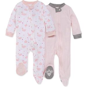 Burt's Bees Baby Baby Girls' 100% Organic Cotton Zip Front One-Piece Sleep & Play Loose Fit Pajamas (Newborn, Graceful Swans 2-pk)