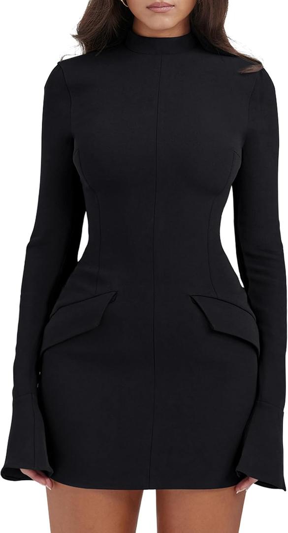 YMDUCH Women's Long Sleeve Mock Turtle Neck Bodycon Mini Tank Short Party Dress (Medium, Black)