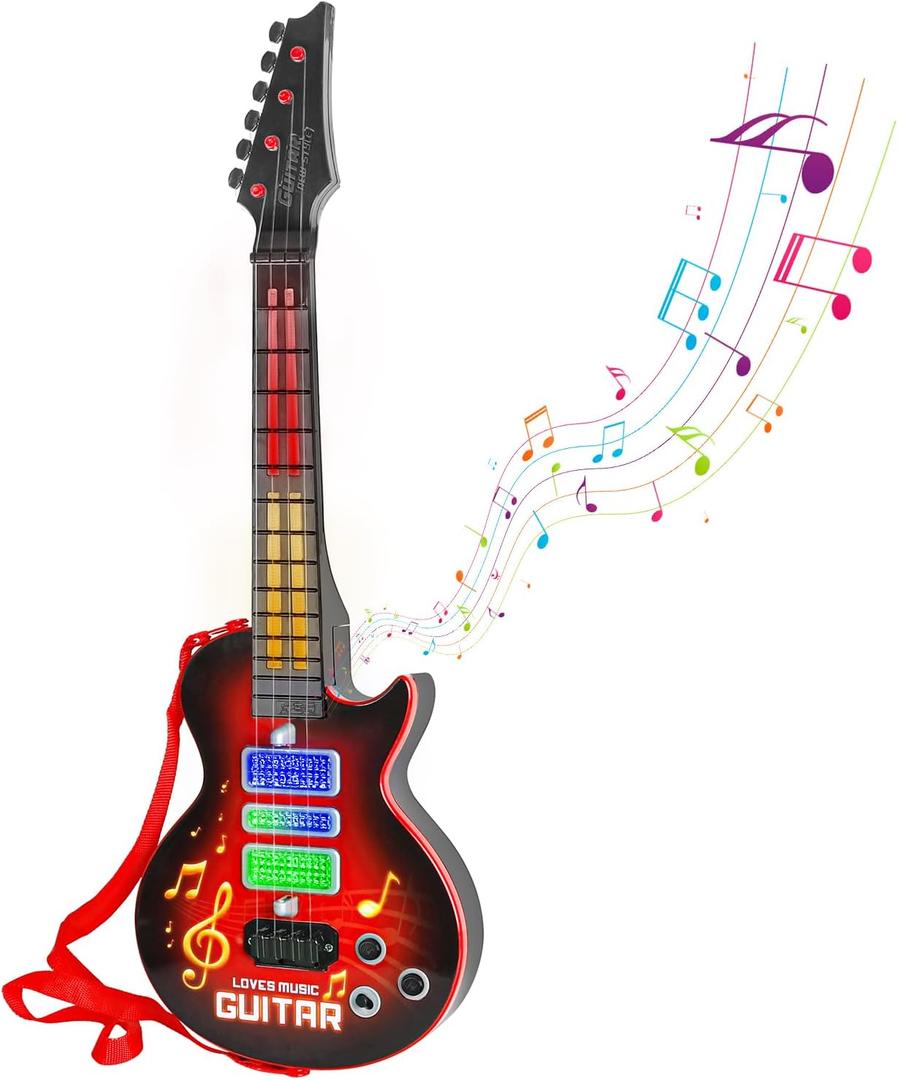 M SANMERSEN Kids Guitar Toddler Toys Guitar for Kids 3 4 5 Year Old Electric Musical Toy Guitars with 4 Strings Strap Light Up Boys Girls Gifts (Red)