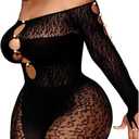 Avidlove Women Lingeries Long Sleeve Fishnet Body Stocking Leopard Sexy Outfit Rhinestone Body Suits Cut Out Jumpsuit (Black) One Size