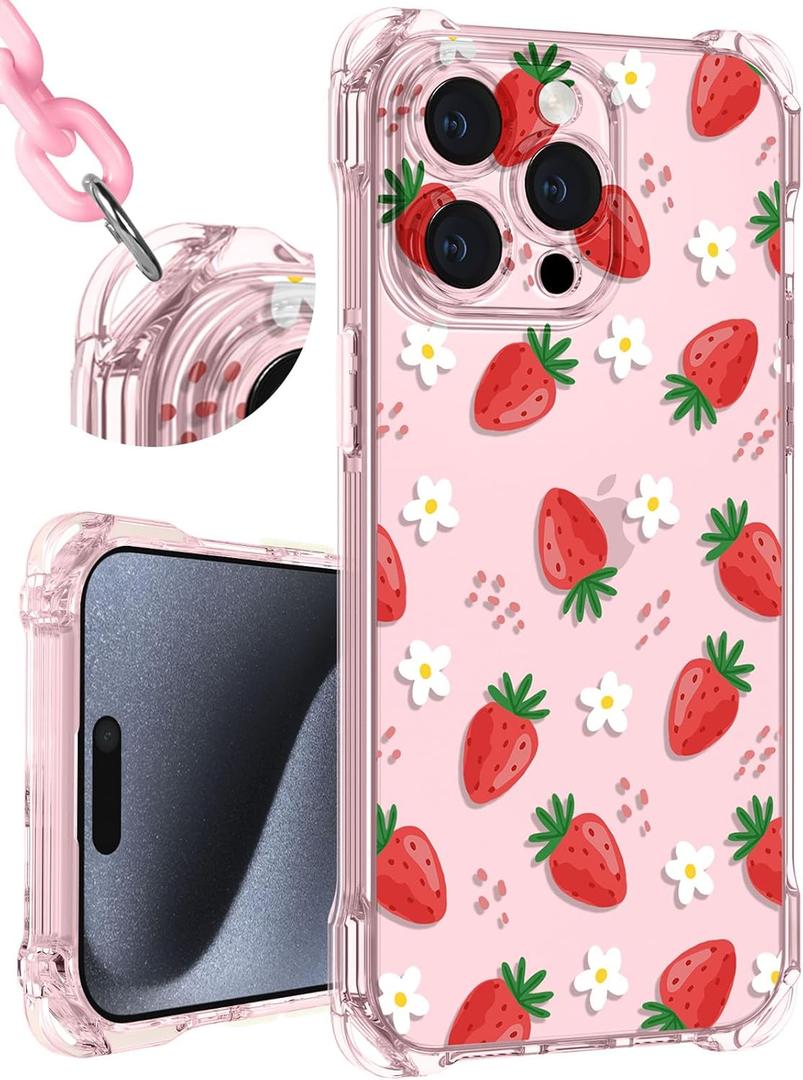 Toycamp for iPhone 13 Pro Case with Strap for Women - Cute Funny Girls Girly Strawberry Pattern Design for iPhone 13 Pro Case with Wrist Lanyards Four Corners Flexible Hang Style