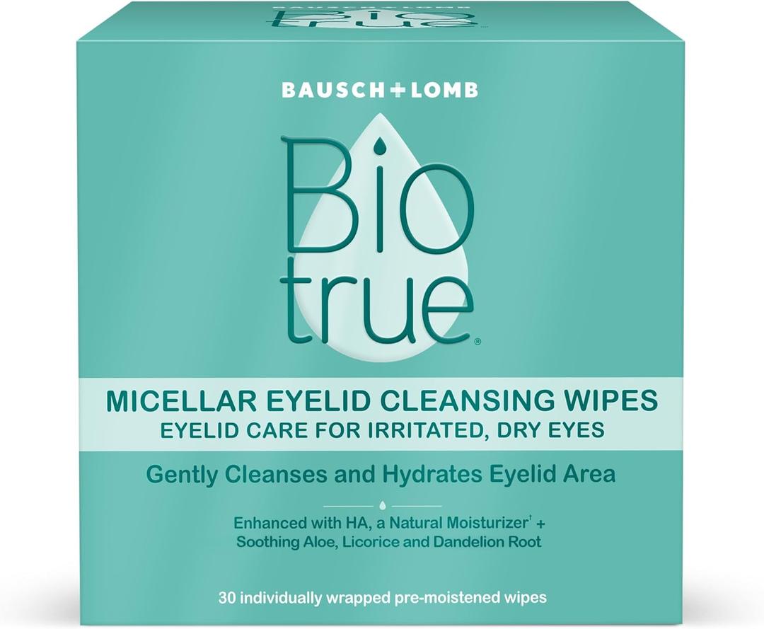 Biotrue Micellar Eyelid Cleansing Wipes, Eyelid Care for Irritated and Dry Eyes from Bausch + Lomb, Fragrance Free, Soothing, Naturally Inspired, 30 Wipes, Pack of 1