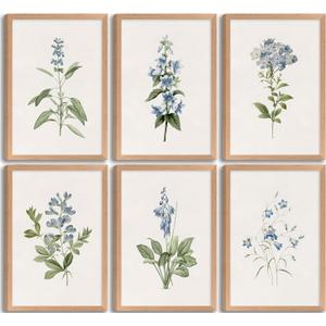 6Pcs Vintage Blue Wildflower Wall Art Blue Delicate Greenery Painting Picture Flower Bouquet Wall Decor Minimalism Flowers Poster Print Artwork for Living Room Bedroom Home Decoration,Framed