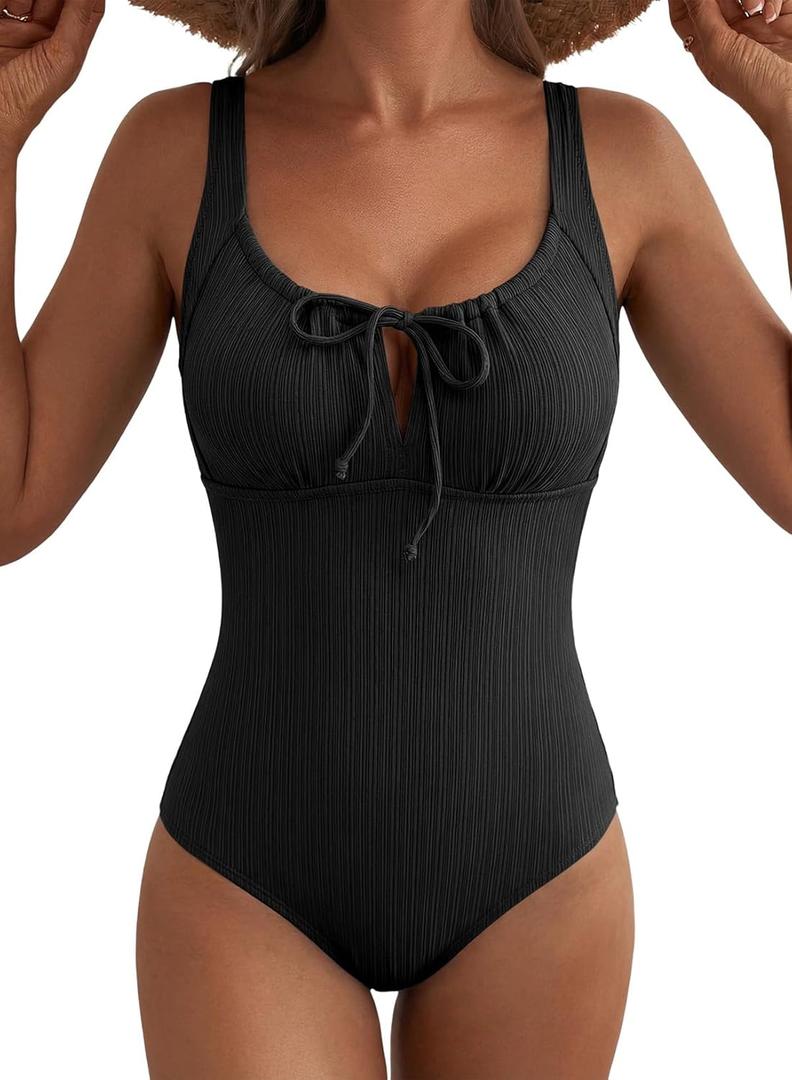 Aleumdr Womens Textured One Piece Swimsuit Tummy Control Bathing Suit Tie Knot Cutout Swimwear, Black (Medium)