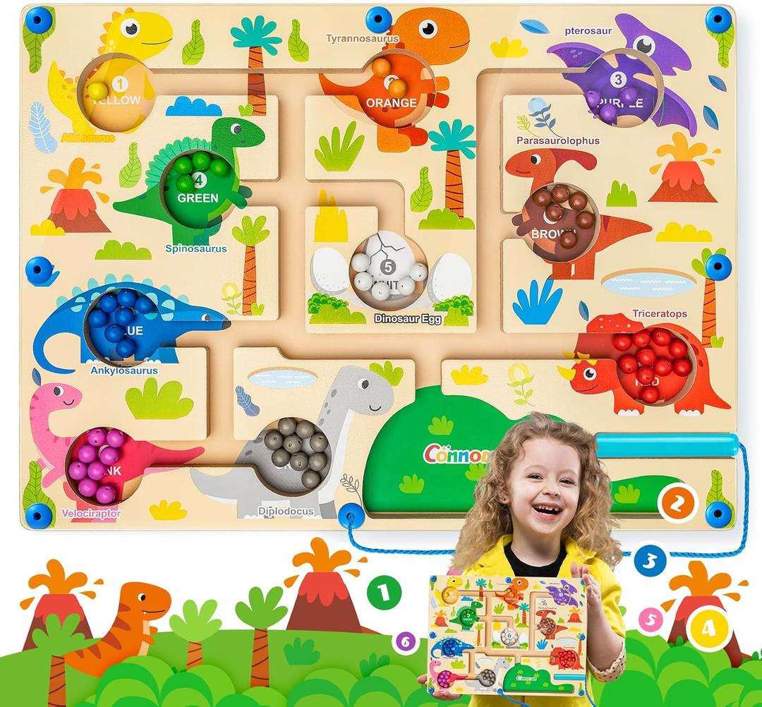 Magnetic Color and Number Maze, Commodum Montessori Counting Matching Learning Puzzle Board, Dinosaur Wooden Magnet Maze Game, Toddler Fine Motor Skills Travel Toys for Boys Girls 3 4 5 Years Old