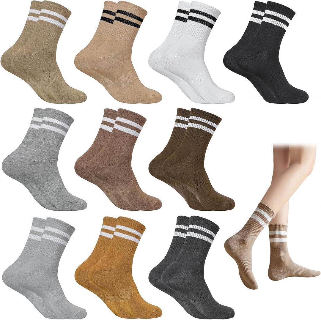 10 Pairs Womens Striped Crew Socks Cute Casual Long Athletic Running Tube Calf Cotton Socks for Women Gifts (US, Numeric, 5, 11, Regular, Regular, 10 Pairs Mixcolor)