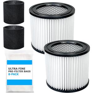 90398 Shop Vac Filters Replacement for Shop Vac Type AA Cartridge Filter 90398/118692, 9039800, 9039833(2 Pack), with 2 Foam Sleeve & 8 Pre-filter Bags