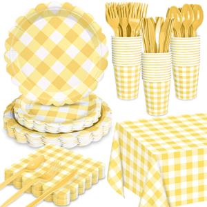 WNINK 176 PCS Yellow Gingham Plates and Napkins, Yellow Checkered Disposable Plates Set with Napkins Cups Plastic Spoons Forks Knives for Dinner Birthday Baby Shower Wedding Supplies