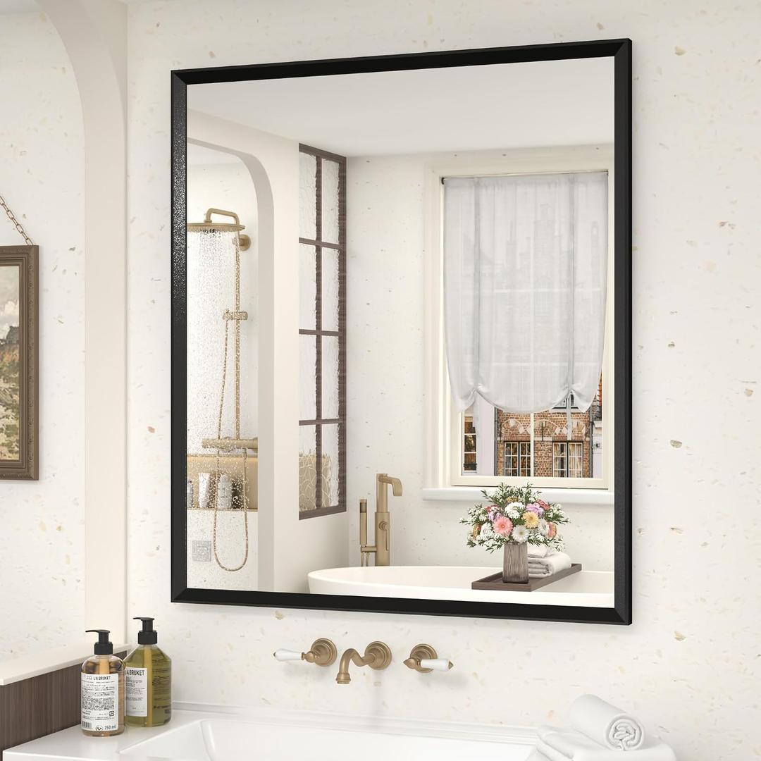 28" x 32" Matte Black Framed Bathroom Mirror for Wall, Rectangular Beveled Vanity Mirror with Aluminum Alloy Frame, Right Angle Corner, HD Reflection, Horizontal or Vertical Mount