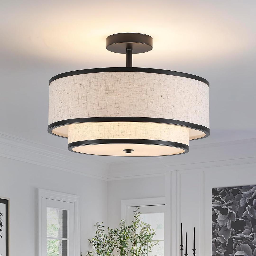 Semi Flush Mount Ceiling Light, 3-Light Double Drum Ceiling Light Fixture with Fabric Shade, Farmhouse Chandelier Dining Room Light Fixture for Bedroom, Kitchen, Hallway (Black), Large Flush Mount Ceiling Light