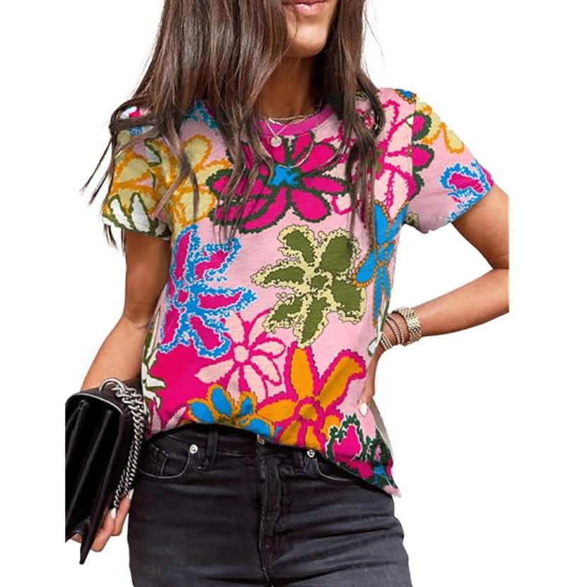 EVALESS T Shirts for Women Fashion 2024 Casual Crewneck Short Sleeve Tops Blouse, L
