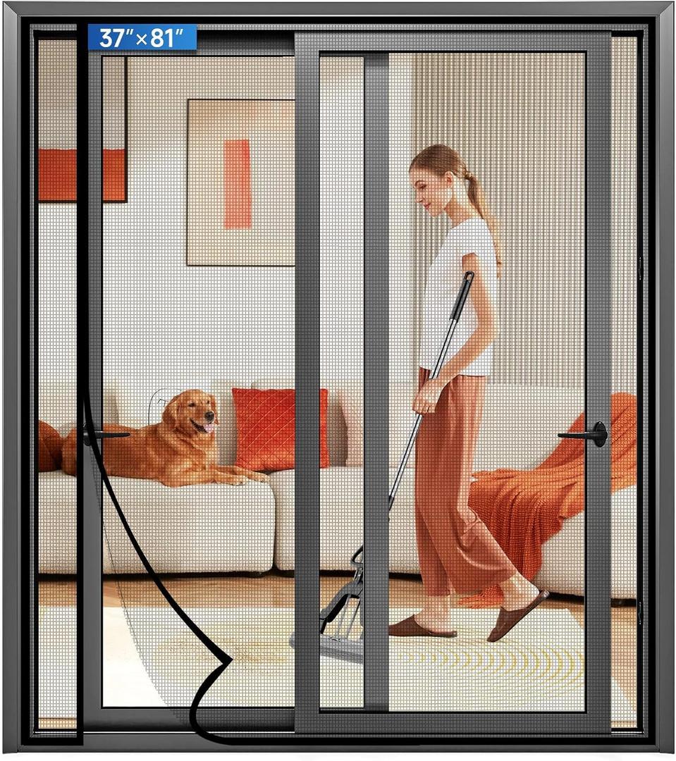 Magnetic Screen Door Left Right Side Opening Upgraded PET Mesh Greater Than Fiberglass and Polyester,Keep Bugs Out,Pet & Kid Friendly,Suitable for Sliding Doors,Patio French Doors-37" X 81"