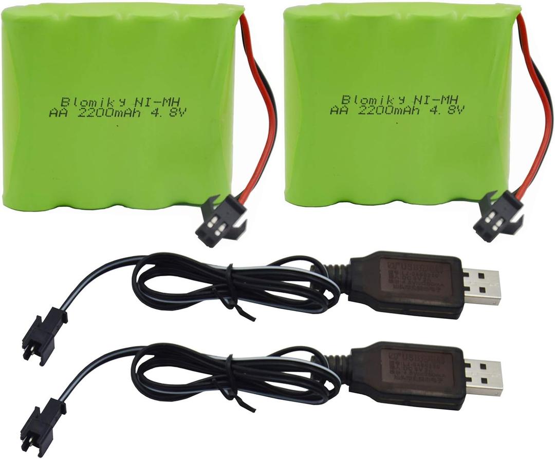 Blomiky 2 Pack 4.8V 2200mAH AA NiMH Rechargeable Battery with SM-2P Plug and USB Cable for SY-E511 Some RC Excavator RC Vehicle Car Truck Crawler / 4.8V NiMH 2