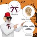 8 Pcs Halloween Old Man Costumes Accessories, Red Fez Hat, Gray Beard Eyebrow, Black Square Glasses, Fake Ears, Long Silk Bow Tie for Halloween Men Cosplay Dress up