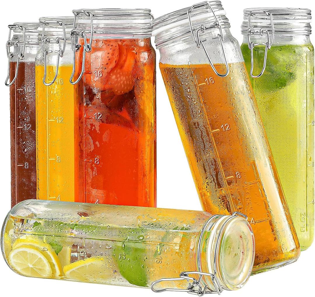 Folinstall [Upgrade] 6 Pack 20 oz Glass Jars with Airtight Lids for Vanilla Extract, Leak proof Glass Juice Bottles with Lids(600ml) with Silicone Seal for Water, Drink, Milk, Ice tea