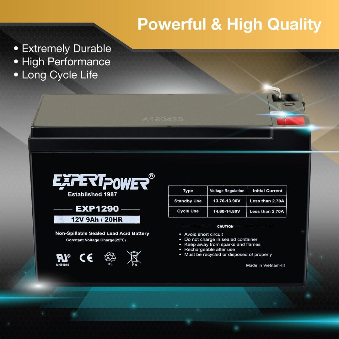 ExpertPower 12v 9ah Sealed Lead Acid Battery with F2 Terminals (.250")
