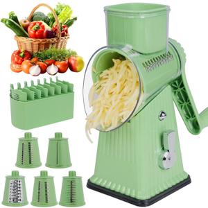 Rotary Cheese Grater with 5 Blades, Large Food Tube, Safety Food Pusher, Strong Suction Base, Mint Green